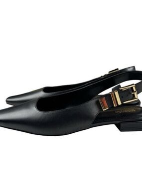Brand New Michael Kors Darington Black Pointed Slingback Flats with Gold Buckle